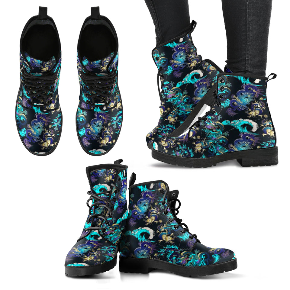 Dragon Sea Wave Pattern Leather Boots