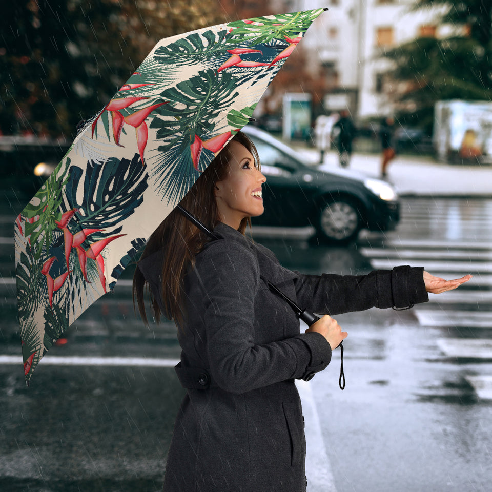 Heliconia Flowers, Palm And Monstera Leaves Umbrella