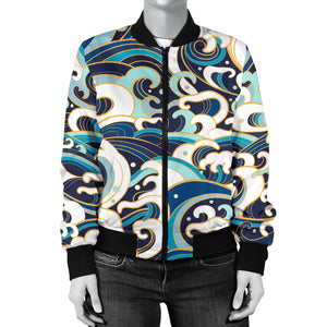 Japanese Wave Pattern Women'S Bomber Jacket
