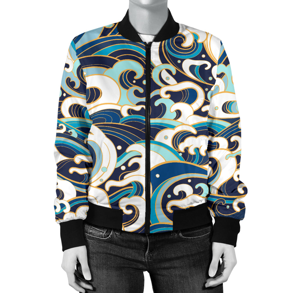 Japanese Wave Pattern Women'S Bomber Jacket