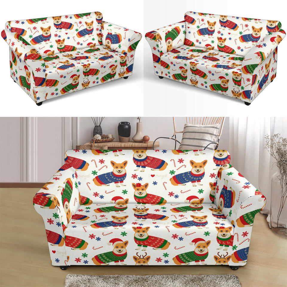 Corgi Christmas Pattern Loveseat Couch Slipcover