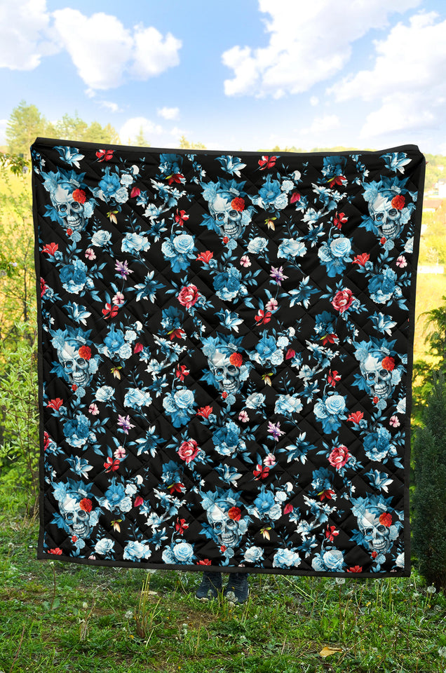 Skull Flower Roses Leave Pattern Premium Quilt