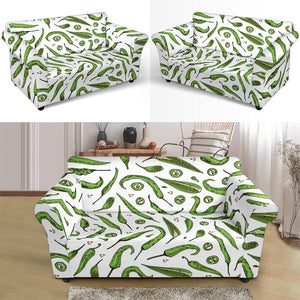 Hand Drawn Sketch Style Green Chili Peppers Pattern Loveseat Couch Slipcover