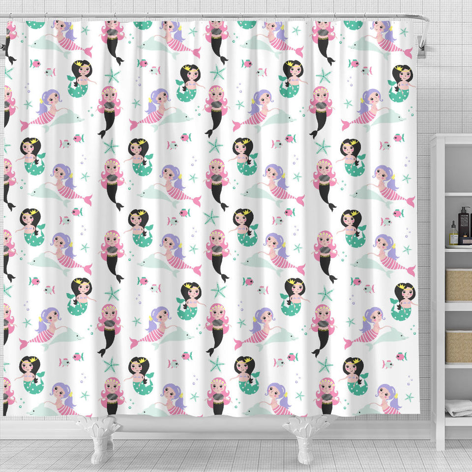 Cute Mermaid Dolphin Fish Starfish Pattern Shower Curtain Fulfilled In US