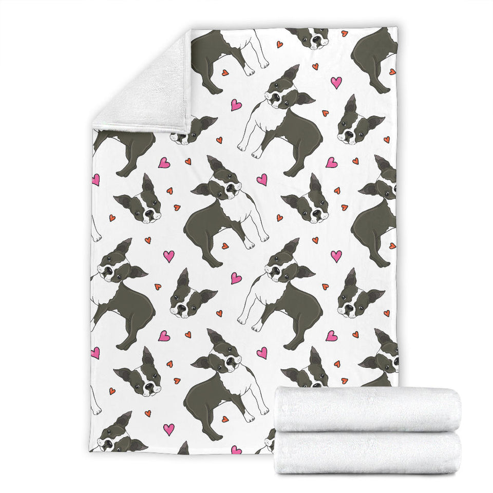 Boston Terrier Dog Hearts Vector Pattern Premium Blanket