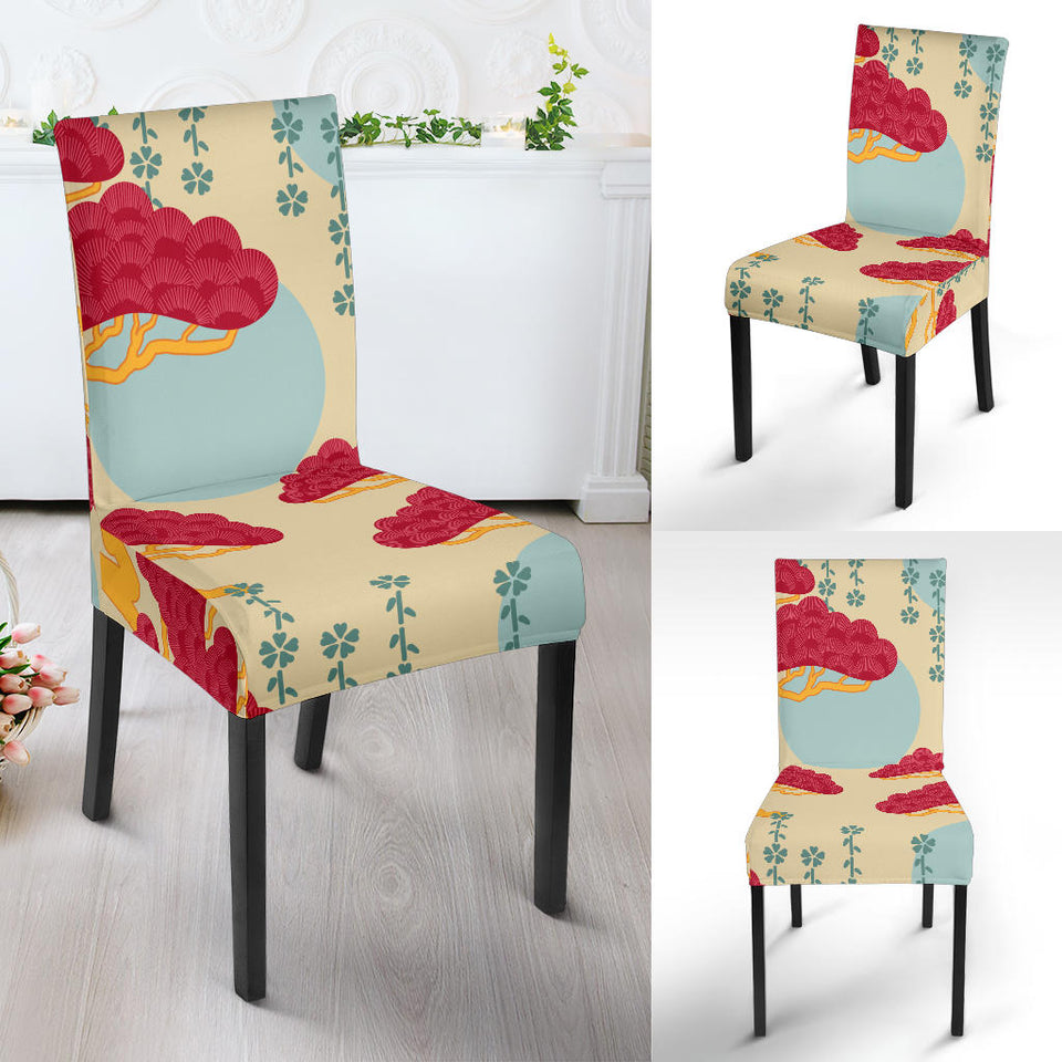 Red Bonsai Gray Sun Japanese Pattern Dining Chair Slipcover