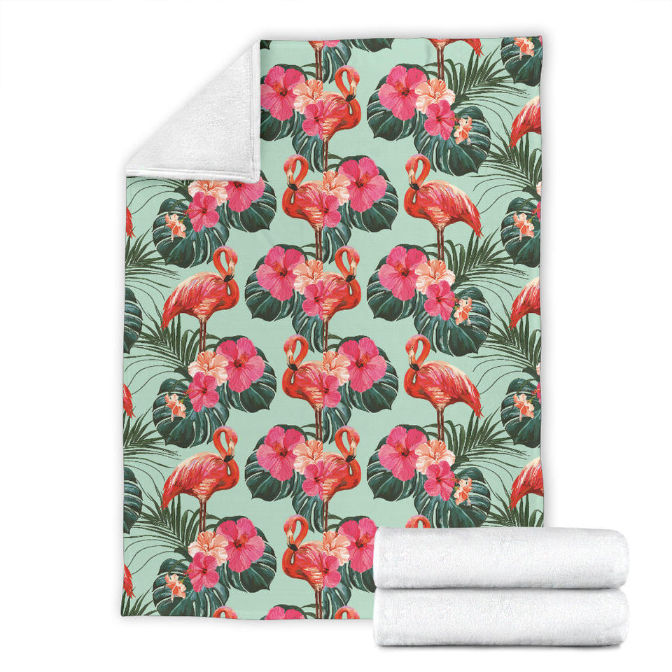 Beautiful Flamingo Tropical Palm Leaves Hibiscus Pateern Background Premium Blanket