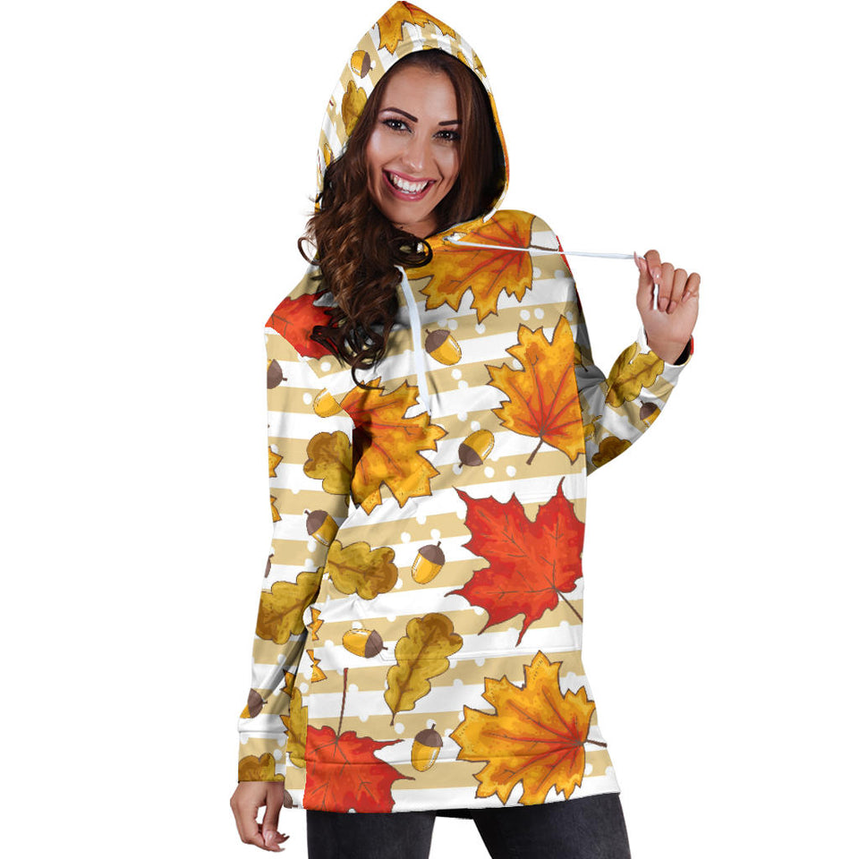 Maple Leaf Oak Leaf Acorns Beige Striped Background Women'S Hoodie Dress