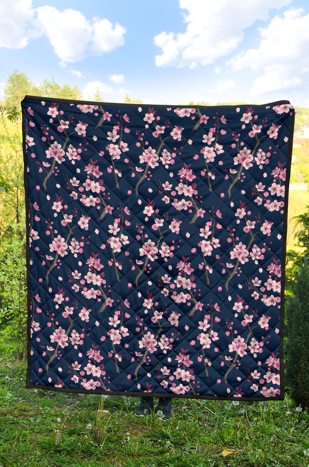 Pink Sakura Cherry Blossom Blue Background Premium Quilt