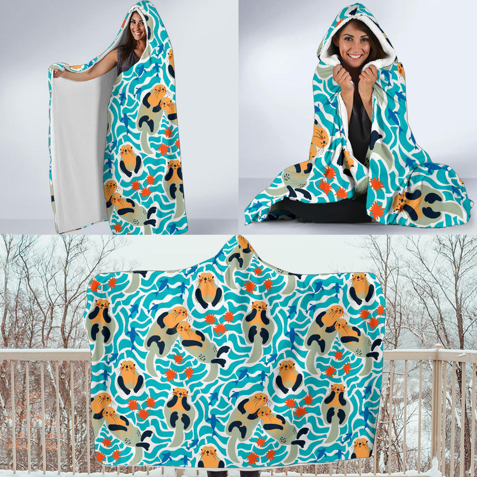 Cute Sea Otters Fishe Sea Urchin Pattern Hooded Blanket