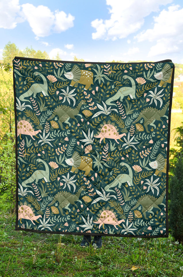 Dinosaurs Tropical Leaves Flower Pattern Premium Quilt