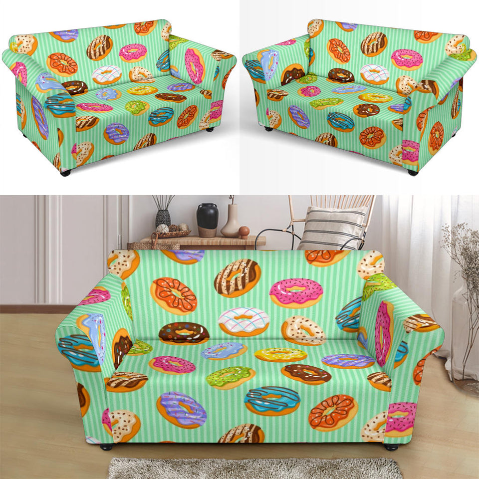 Colorful Donut Pattern Green Background Loveseat Couch Slipcover