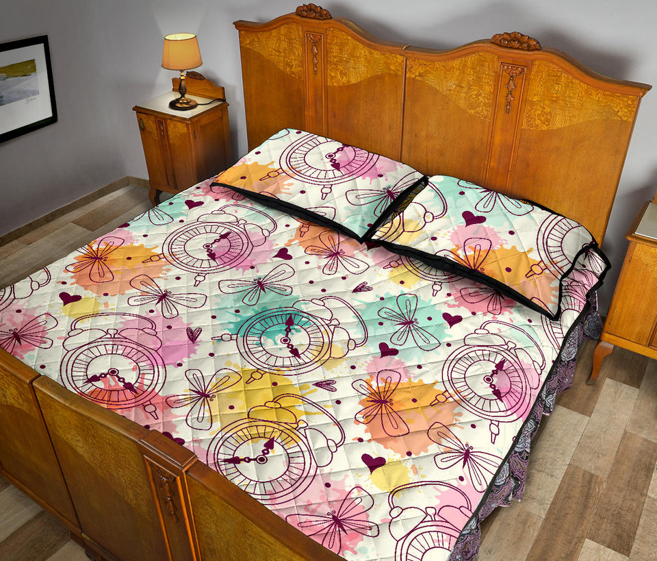 Clock butterfly pattern Quilt Bed Set