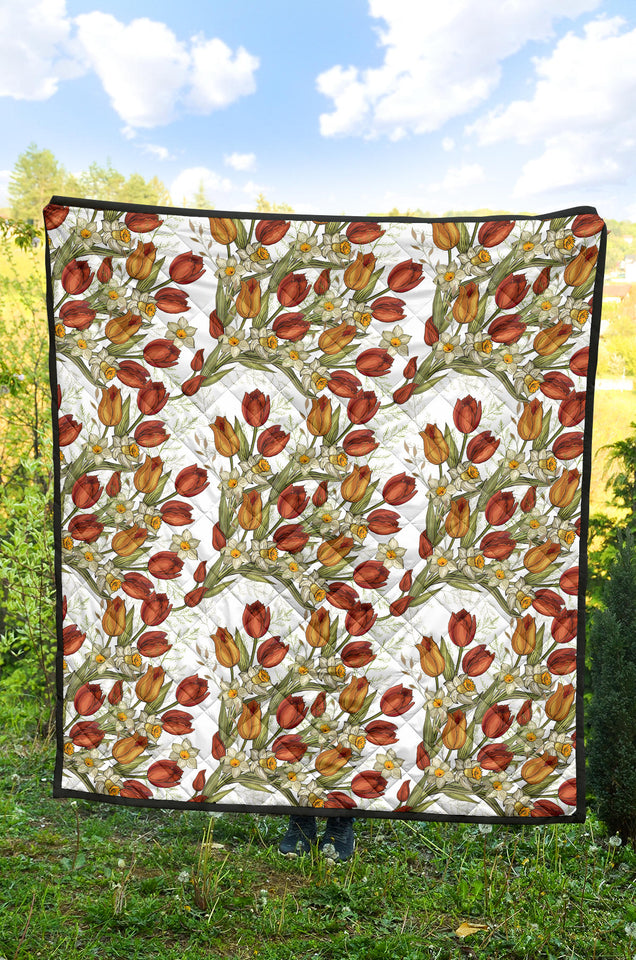 Red Tulips And Daffodils Pattern Premium Quilt