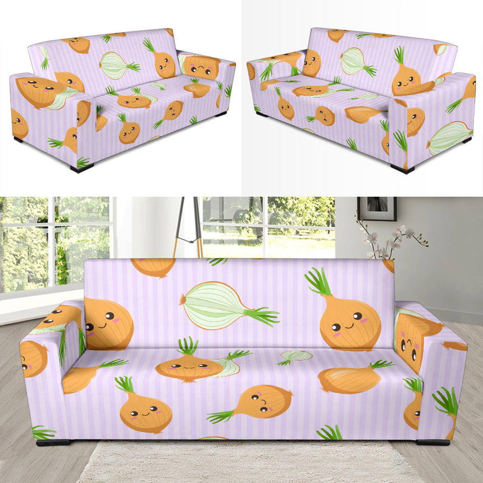 Cute Onions Smiling Faces Purple Background Sofa Slipcover