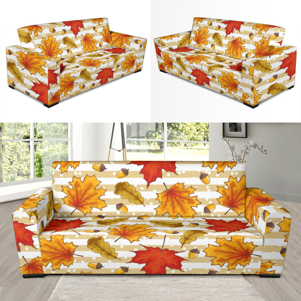 Maple Leaf Oak Leaf Acorns Beige Striped Background Sofa Slipcover