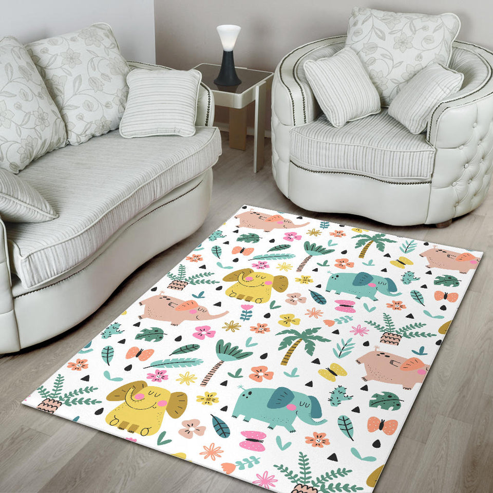 Cute Elephants Palm Tree Flower Butterfly Pattern Area Rug