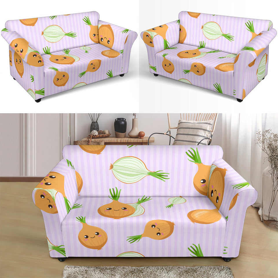 Cute Onions Smiling Faces Purple Background Loveseat Couch Slipcover