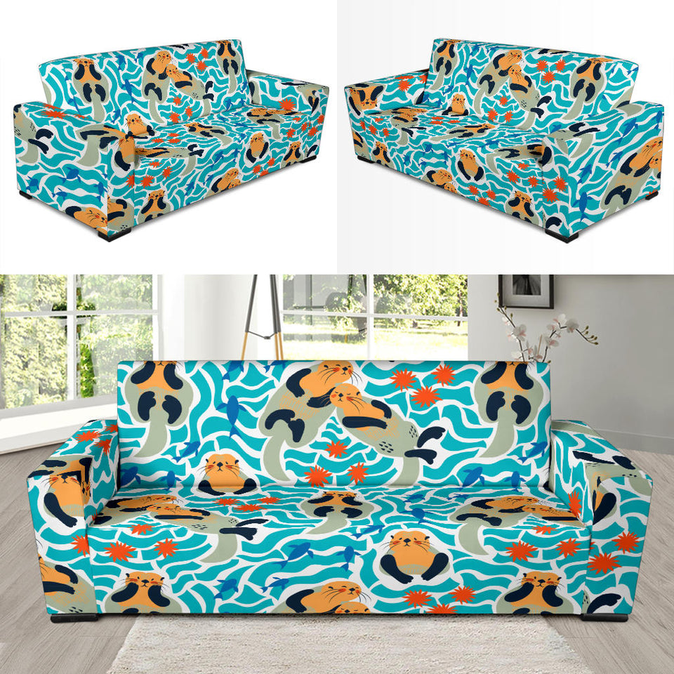 Cute Sea Otters Fishe Sea Urchin Pattern Sofa Slipcover