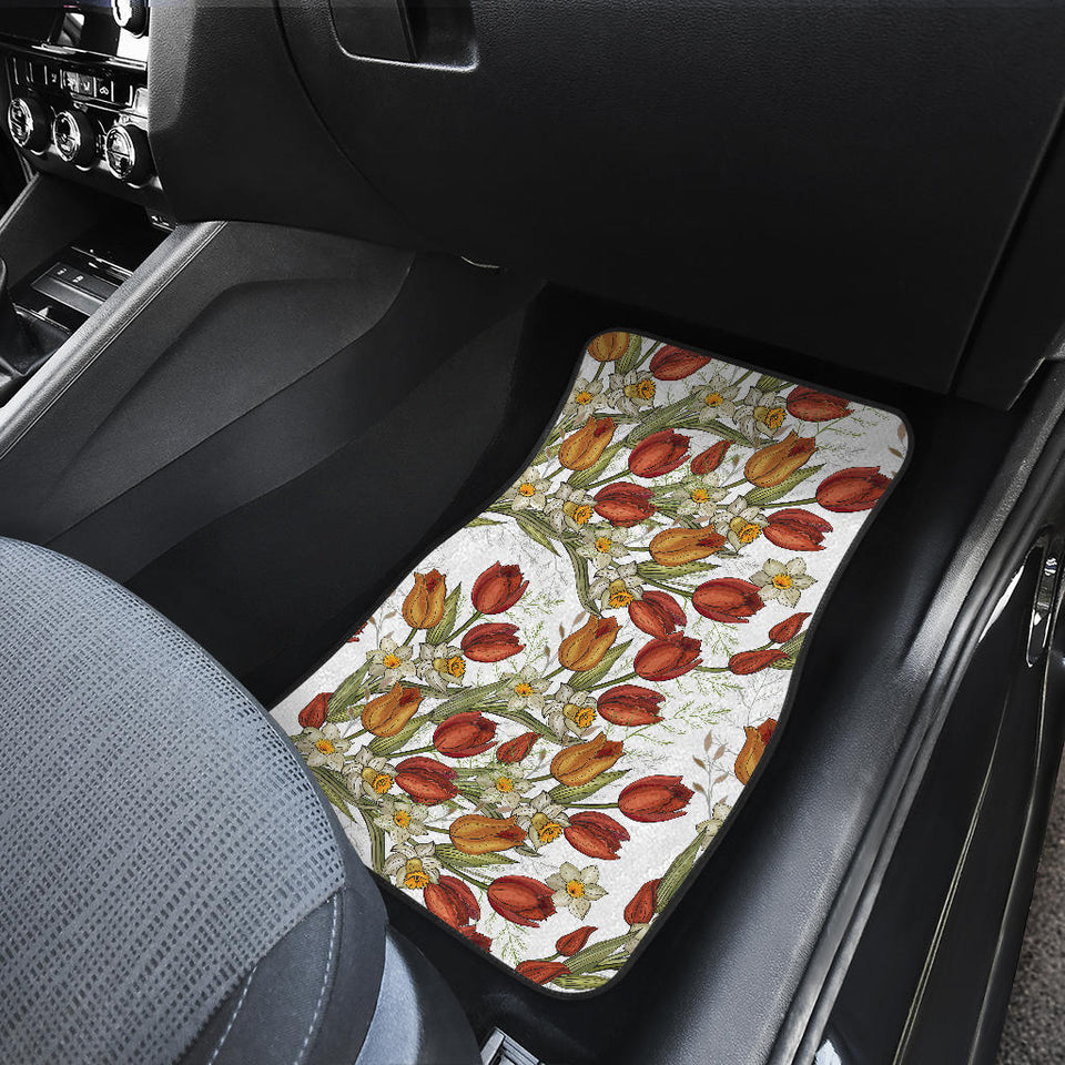 Red Tulips And Daffodils Pattern Front And Back Car Mats