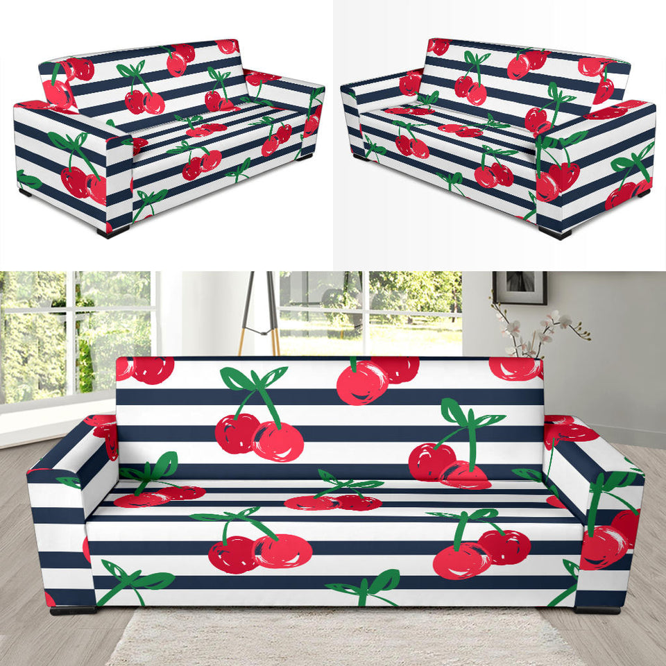 Hand Drawn Cherry Pattern Striped Background Sofa Slipcover