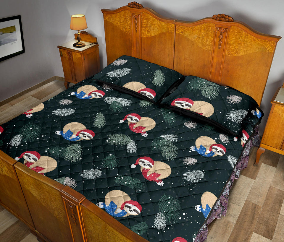 Cute sloths sleeping christmas ball santa hat pattern Quilt Bed Set