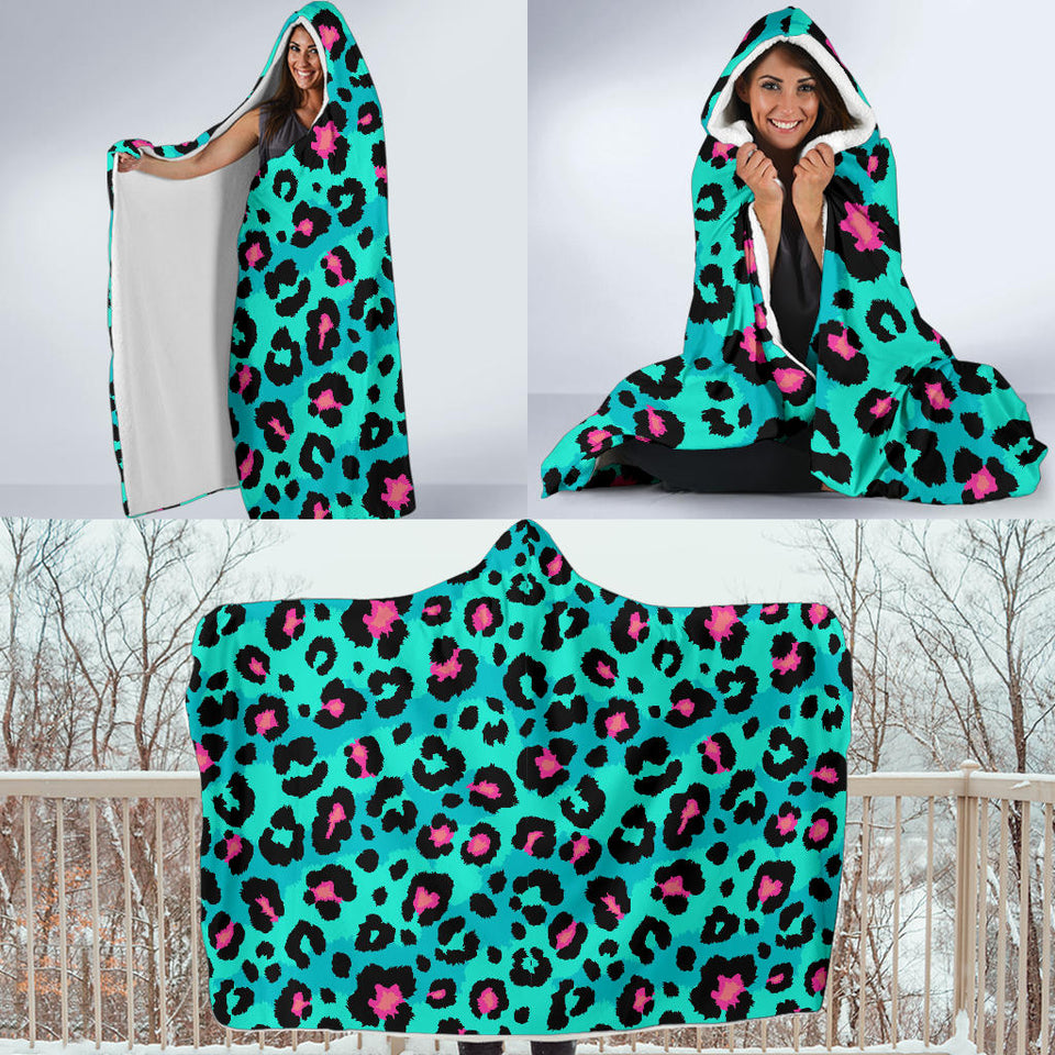 Green Leopard Skin Print Pattern Hooded Blanket