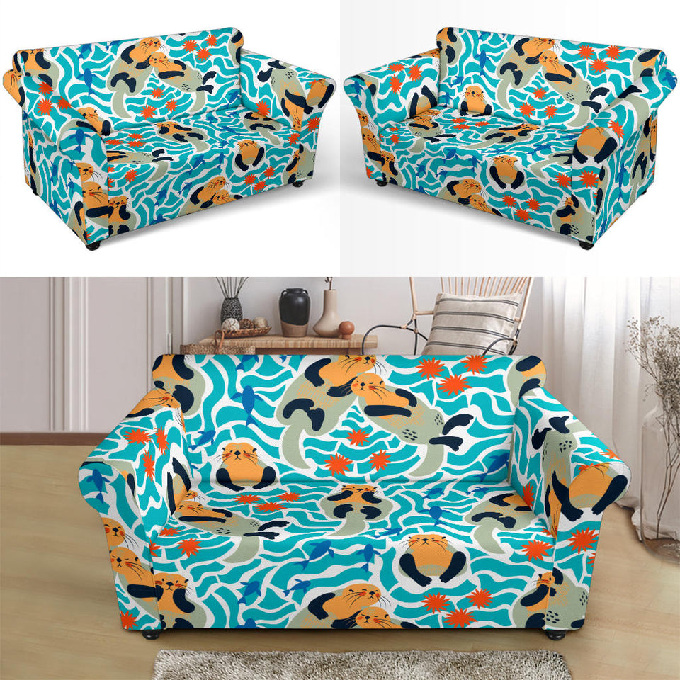 Cute Sea Otters Fishe Sea Urchin Pattern Loveseat Couch Slipcover