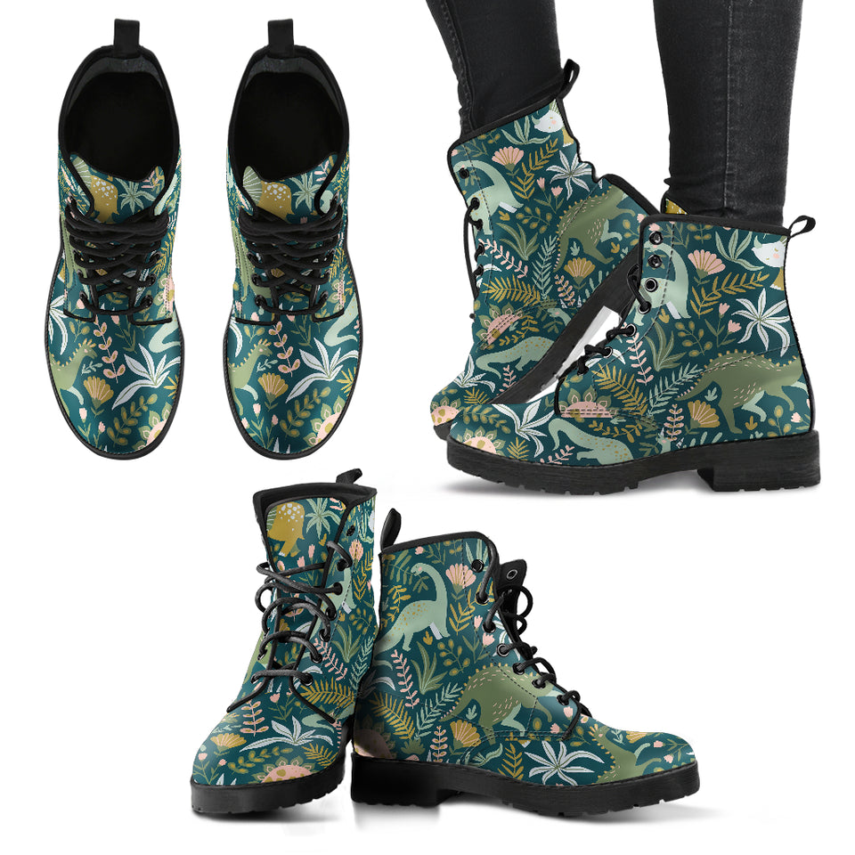 Dinosaurs Tropical Leaves Flower Pattern Leather Boots