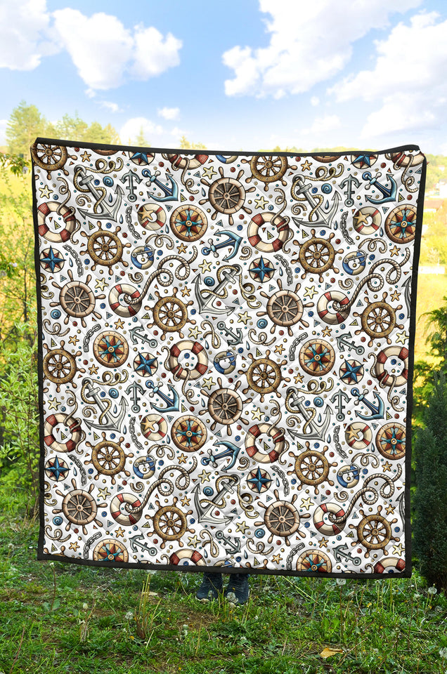 Cute Nautical Steering Wheel Anchor Pattern Premium Quilt