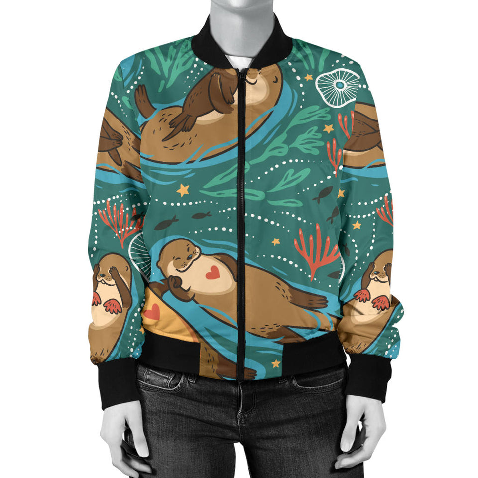 Cute Brown Sea Otters Ornawomen'Stal Seaweed Corals Green Water Women'S Bomber Jacket