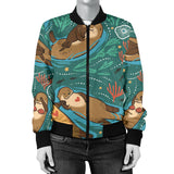 Cute Brown Sea Otters Ornawomen'Stal Seaweed Corals Green Water Women'S Bomber Jacket