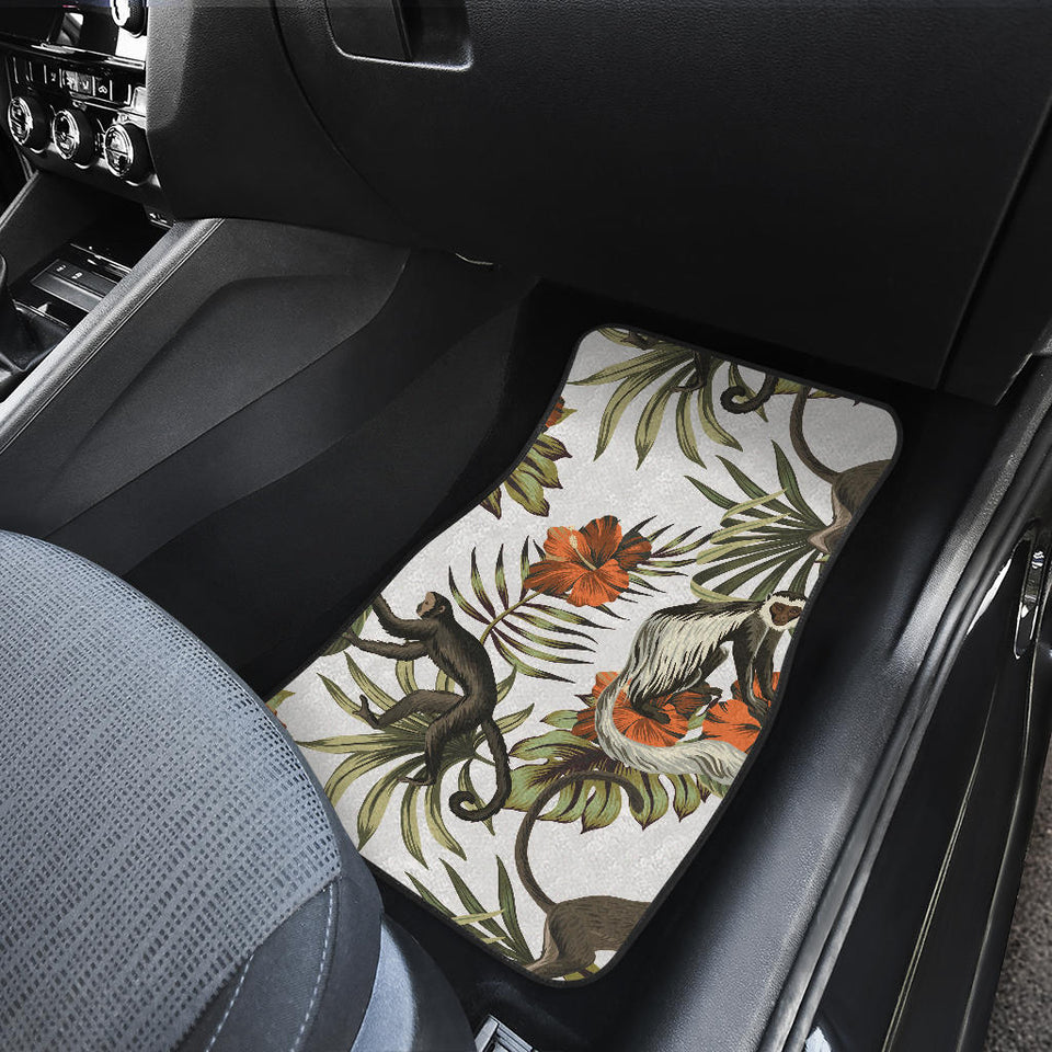Monkey Red Hibiscus Flower Palm Leaves Floral Pattern Front And Back Car Mats
