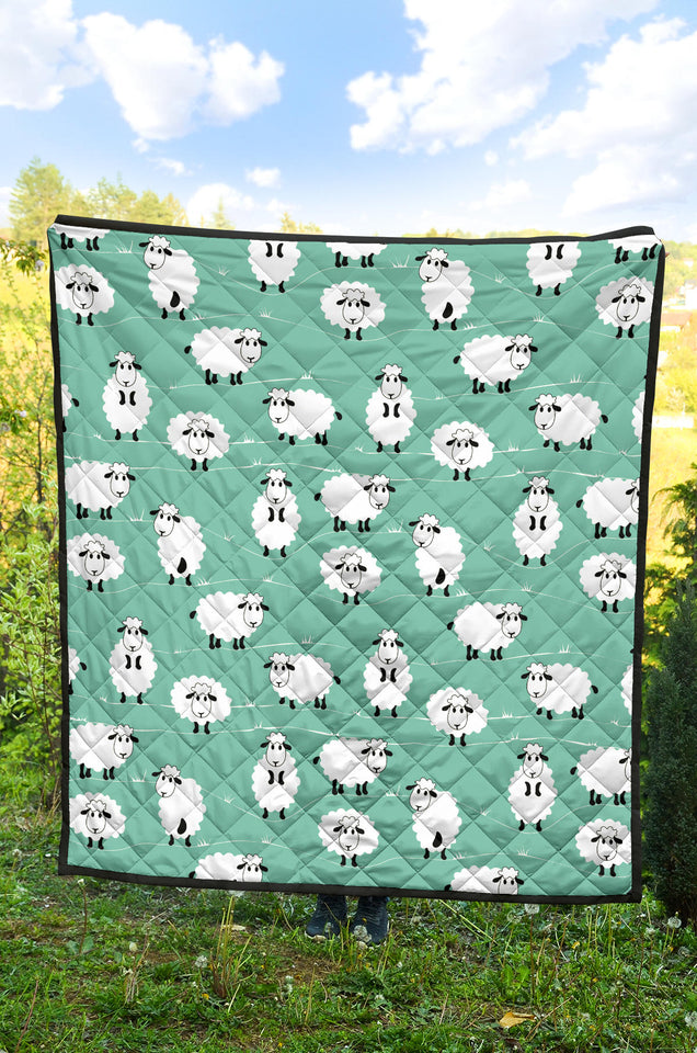 Cute Sheep Green Background Premium Quilt