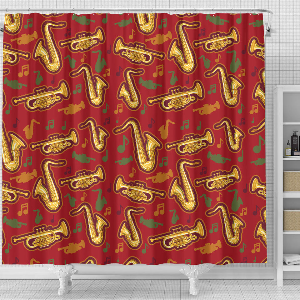 Saxophone Cornet Pattern Red Background Shower Curtain Fulfilled In US