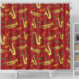 Saxophone Cornet Pattern Red Background Shower Curtain Fulfilled In US