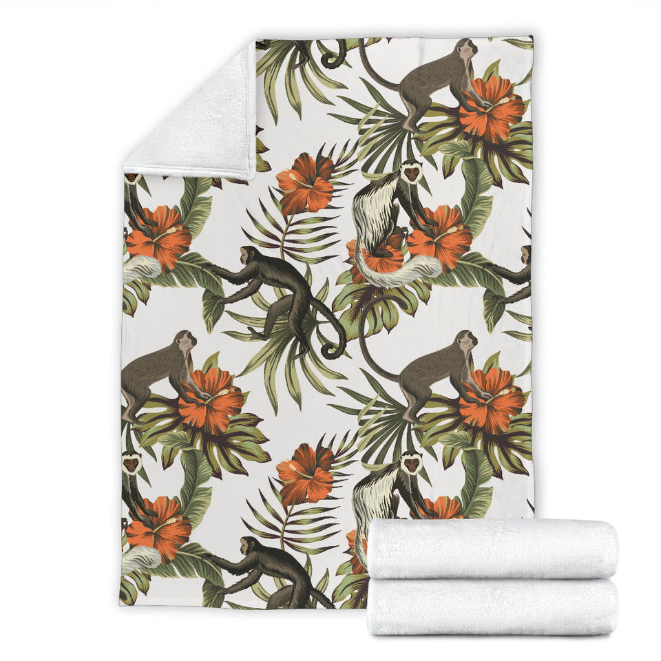 Monkey Red Hibiscus Flower Palm Leaves Floral Pattern Premium Blanket
