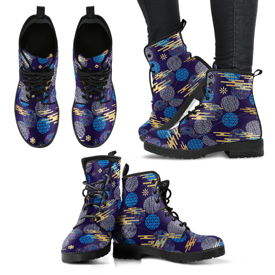 Blue Japanese Pattern Cloud Wave Flower Leather Boots