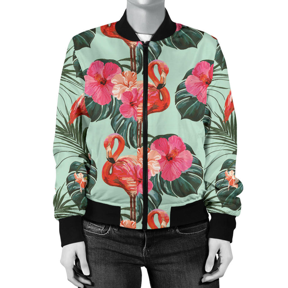 Beautiful Flamingo Tropical Palm Leaves Hibiscus Pateern Background Women'S Bomber Jacket