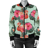 Beautiful Flamingo Tropical Palm Leaves Hibiscus Pateern Background Women'S Bomber Jacket