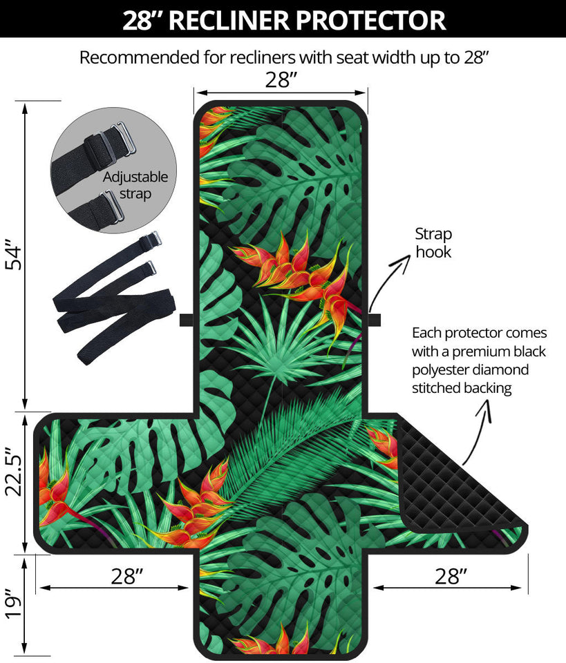 heliconia flower palm monstera leaves black background Recliner Cover Protector