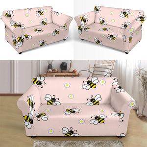 Cute Bee Flower Pattern Pink Background Loveseat Couch Slipcover