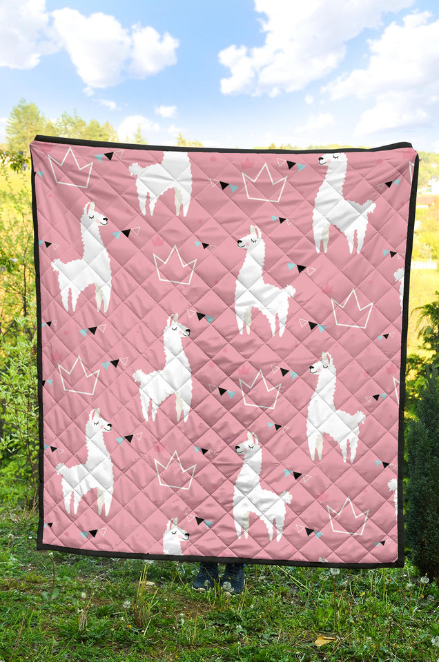 Llama Alpaca Pink Background Premium Quilt