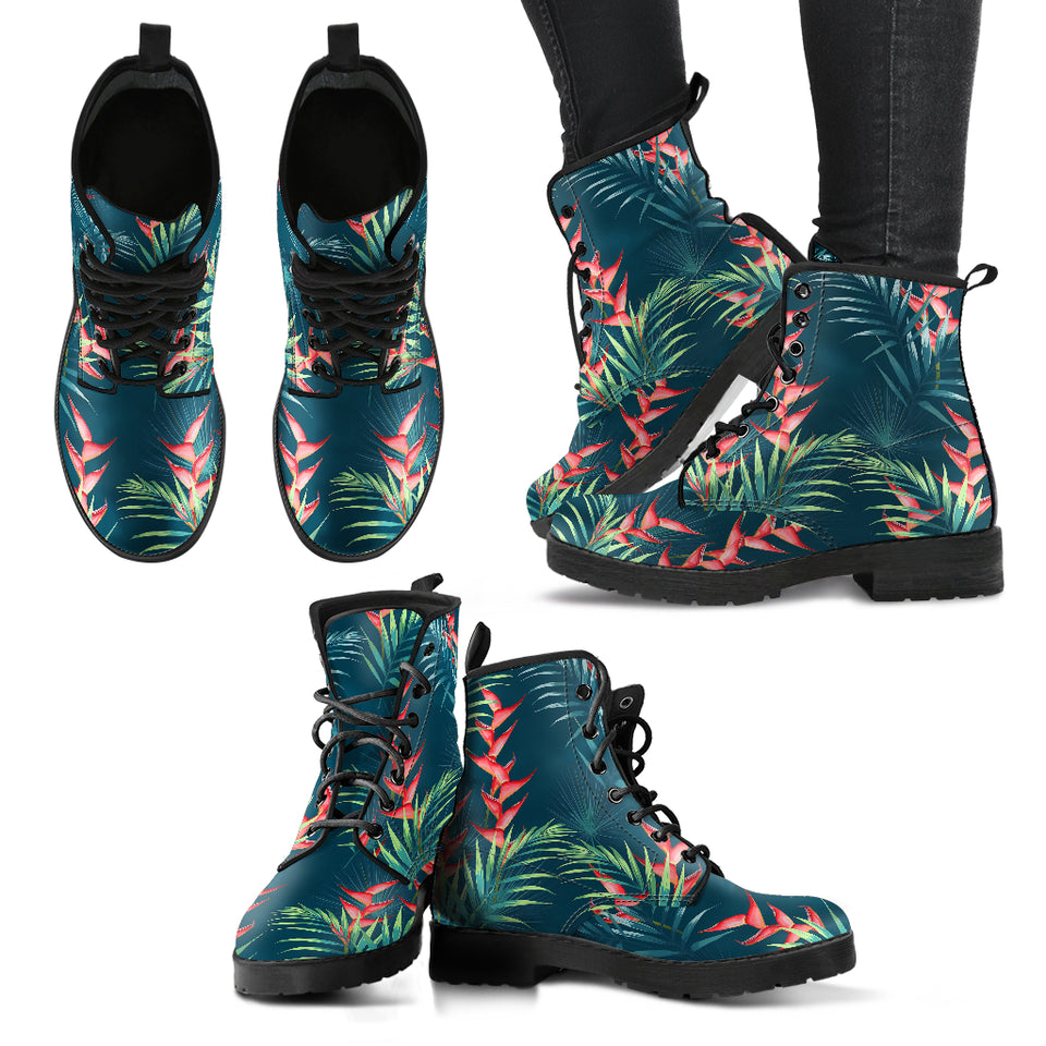 Heliconia Flowers, Palm And Monstera Leaves On Black Background Pattern Leather Boots