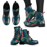 Heliconia Flowers, Palm And Monstera Leaves On Black Background Pattern Leather Boots