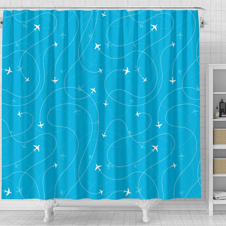 Airplane Destinations Blue Background Shower Curtain Fulfilled In US