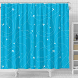 Airplane Destinations Blue Background Shower Curtain Fulfilled In US