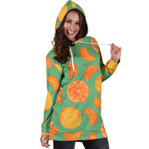 Orange Fruit Pattern Green Background Women'S Hoodie Dress