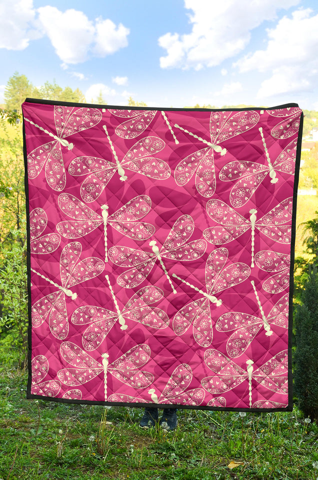 Beautiful Dragonfly Pink Background Premium Quilt