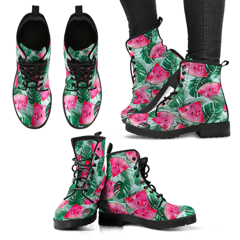 Watermelons Tropical Palm Leaves Pattern Leather Boots